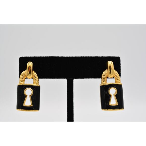Givenchy Vintage Lock Earrings Padlock Skeleton Key Black Signed 1980s Bin1 - Picture 1 of 13